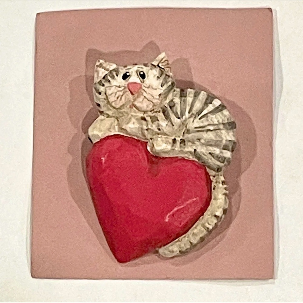 Handcrafted Clay Cat and Heart Pin/Brooch